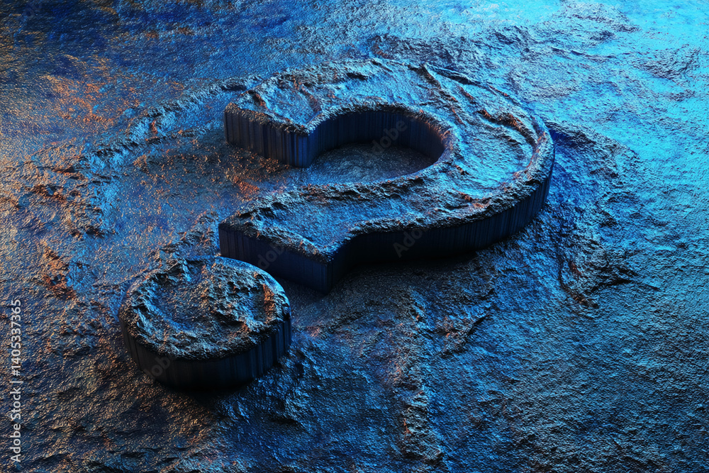 Poster stone texture background with 3d question mark, dark blue and bronze hues, symbolizing mystery, inqu