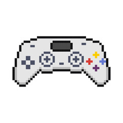Video controller pixel art, 8 bit gamepad or joystick for video game play. Pixelatedt video game joypad with buttons and sticks. © diluck