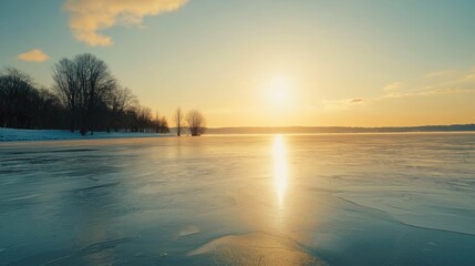 Obraz premium Beautiful sunset over a frozen lake.