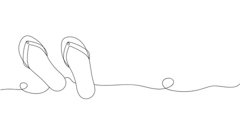 Fun summer beach day with flip-flops relaxing by the ocean shoreline during sunset, continuous one line drawing