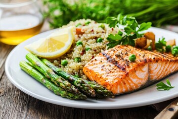 Healthy lifestyle benefits of grilled salmon with asparagus and quinoa fresh ingredients rustic setting culinary delight