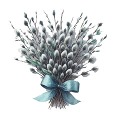 Vector Illustration of Pussy Willow Branches Tied with Blue Ribbon for Palm Sunday Celebration