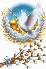 Palm Sunday Celebration Vector Illustration with Dove, Church Domes, and Pussy Willow Branches