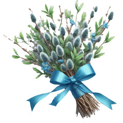 Vector Illustration of Pussy Willow Branch Bouquet with Blue Ribbon for Palm Sunday Celebration