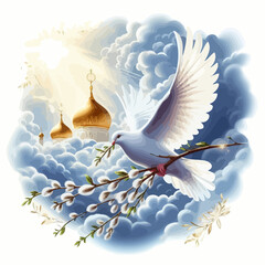 Vector Illustration of Palm Sunday with Pussy Willow Branches, Church Domes, and White Dove
