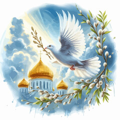 Peaceful Palm Sunday Vector Illustration: Dove, Golden Domes, and Pussy Willow Branches