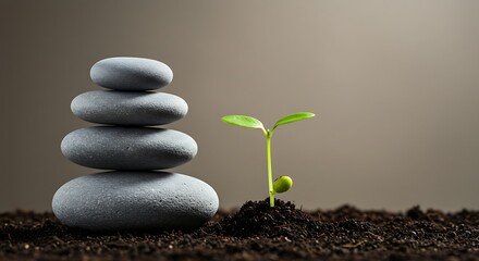 Balancing Stones and Sprout Growing in Soil Representing Growth and Harmony