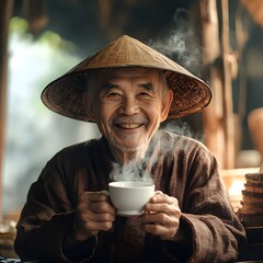 Fototapeta premium Golden Moment: A serene and elderly individual, adorned in a conical hat, finds comfort in a warm cup of tea. Steam delicately rises, intertwining with the warmth of a heartfelt smile.