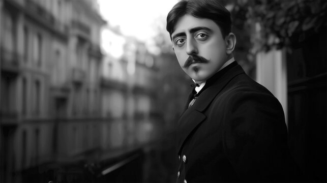Black and white artistic portrait of Marcel Proust standing on a Parisian balcony in early 20th century style
