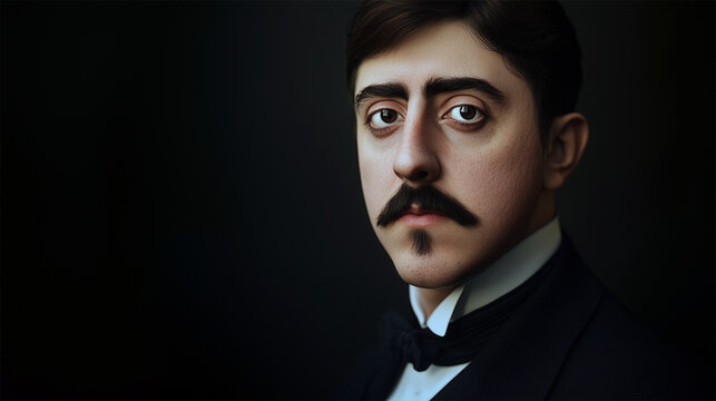 Artistic portrait of Marcel Proust with intense expression and dark background in classic painterly style
