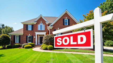 Elegant brick house with "SOLD" sign, celebrating a home sale
