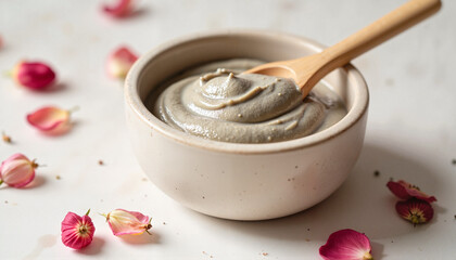 Fototapeta premium Natural clay mask in ceramic bowl with wooden applicator, spa wellness