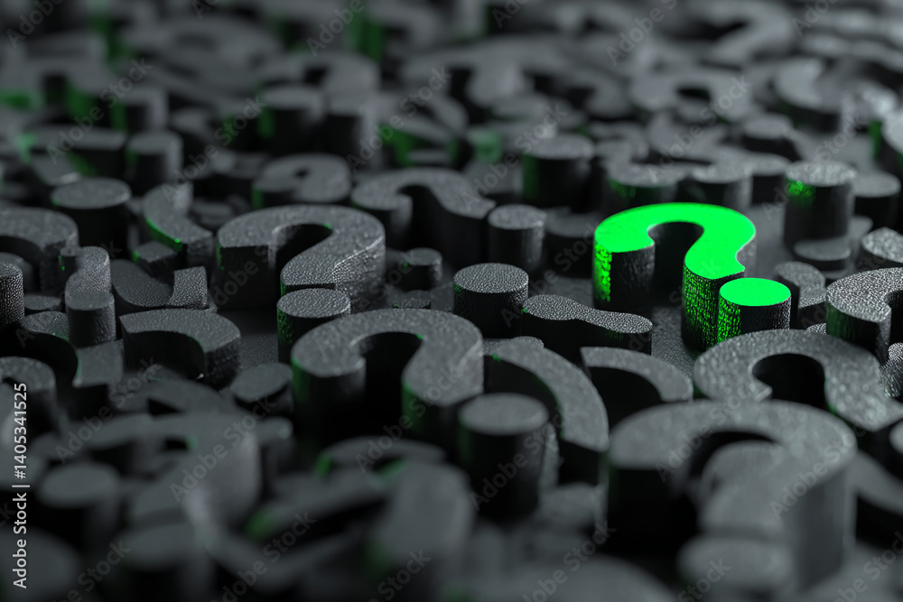 Poster green question mark among many dark grey ones, textured surface, symbolizes finding answers, problem