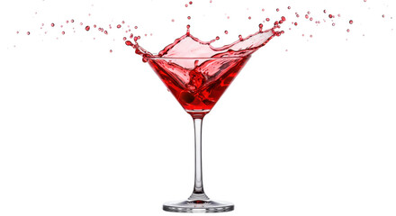 A vibrant red cocktail splashing in a martini glass against a stark black background creating a dynamic scene