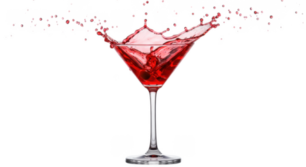 A vibrant red cocktail splashing in a martini glass against a stark black background creating a dynamic scene