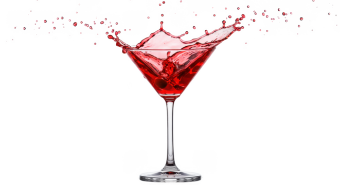 A vibrant red cocktail splashing in a martini glass against a stark black background creating a dynamic scene