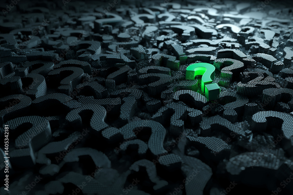 Poster Green question mark stands out among numerous dark grey question marks, creating a visual contrast symbolizing finding answers, problem-solving, or unique solutions