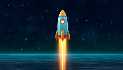 Retro rocket launching into starry night sky above a glowing horizon. Generative AI