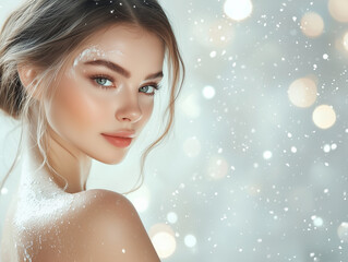 woman with glowing skin and soft features, surrounded by snowy backdrop and sparkling lights, exudes serene and enchanting atmosphere