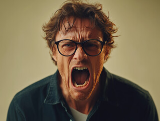 man is expressing intense anger while screaming against plain background. His facial expression conveys frustration and emotion, highlighting rawness of his feelings