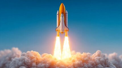 Space shuttle launching, ascending through clouds, bright fiery exhaust. Generative AI