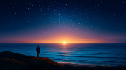 Solitary figure silhouetted against a vibrant sunset over a tranquil ocean, under a starlit sky. Generative AI