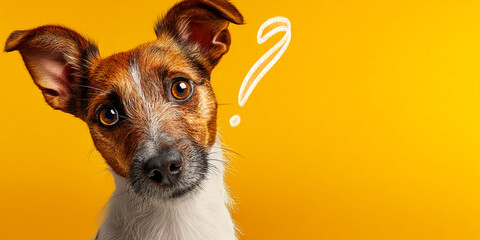 Brown and white dog close-up on yellow, head tilted, question mark nearby. Conveys curiosity, suitable for pet content or playful designs. Free space for text.