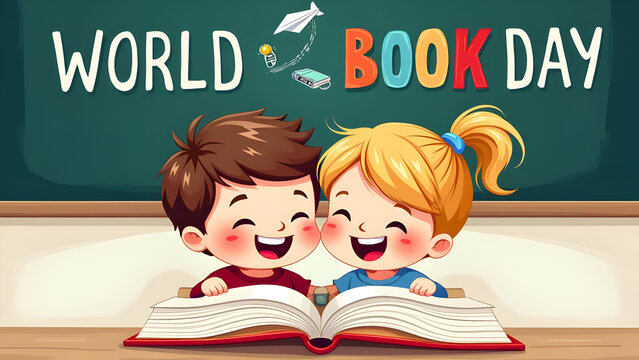 Joyful World Book Day: Two happy children reading an open book together against a chalkboard-style background with celebratory elements, highlighting the pleasure of reading and learning on April 23rd