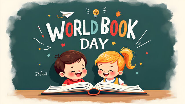 Joyful World Book Day: Two happy children reading an open book together against a chalkboard-style background with celebratory elements, highlighting the pleasure of reading and learning on April 23rd