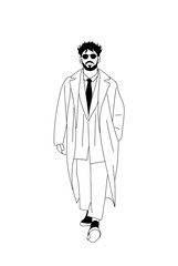 Businessman walking front view. Modern man wearing smart casual, formal autumn, fall office outfit, suit and coat. Hand drawn outline Vector sketch illustration isolated on white background.