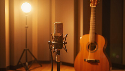 Naklejka premium Recording studio microphone with guitar, creative musical expression