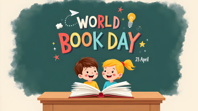 Joyful World Book Day: Two happy children reading an open book together against a chalkboard-style background with celebratory elements, highlighting the pleasure of reading and learning on April 23rd