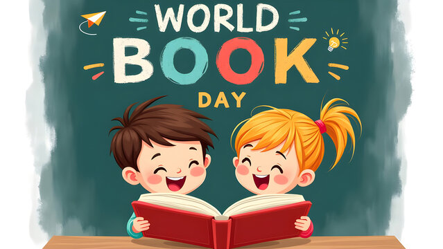 Joyful World Book Day: Two happy children reading an open book together against a chalkboard-style background with celebratory elements, highlighting the pleasure of reading and learning on April 23rd