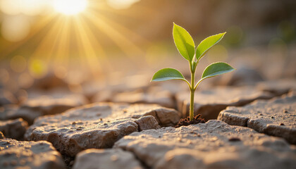 Resilient sprout emerging from cracked earth at sunset, hope and renewal