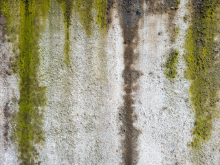 Concrete wall texture with mossy streaks, damp surface, green algae