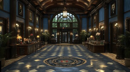 Obraz premium Grand entrance hall featuring a checkered floor and dark wood decor, leading to an exterior view