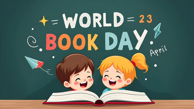 Joyful World Book Day: Two happy children reading an open book together against a chalkboard-style background with celebratory elements, highlighting the pleasure of reading and learning on April 23rd
