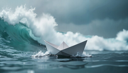 Paper boat navigating waves in turbulent sea, journey of resilience
