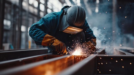 Construction worker welding steel beams on a building frame. Featuring strength and precision