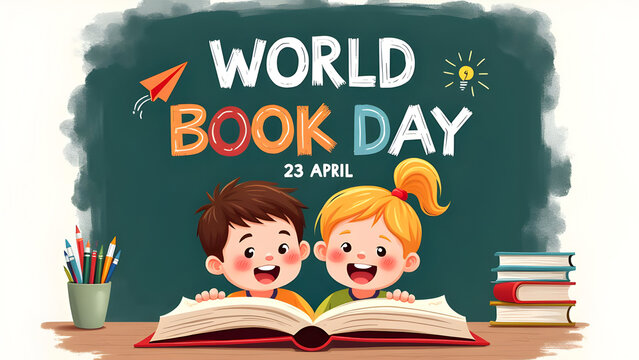 Joyful World Book Day: Two happy children reading an open book together against a chalkboard-style background with celebratory elements, highlighting the pleasure of reading and learning on April 23rd