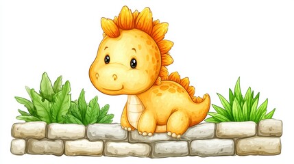 Adorable Yellow Cartoon Dinosaur on Stone Wall