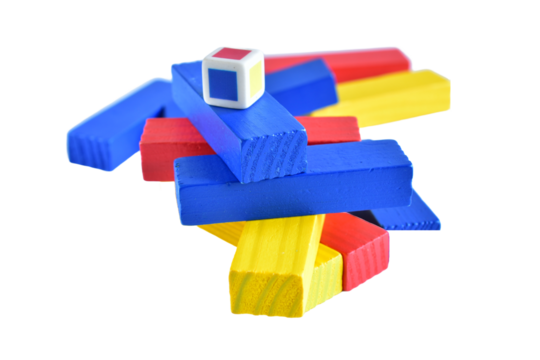 Multicolored wooden construction set pieces lie on a PNG background