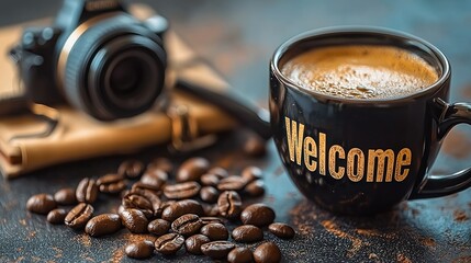 A welcoming coffee cup, coffee beans, and camera