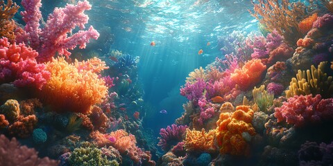 Fototapeta premium Vibrant Coral Reef Underwater Scene with Colorful Fish