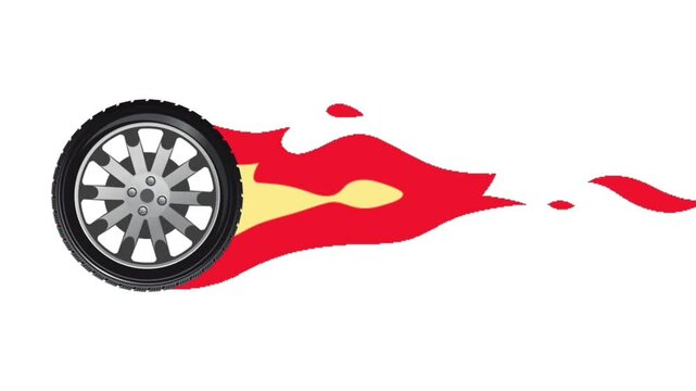 hot wheels animation spinning with burning fire isolated on white background