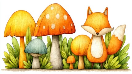 Cute Orange Fox Among Colorful Mushrooms and Green Foliage
