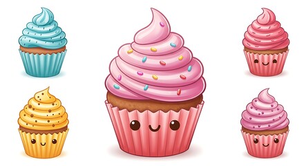 Cute Cupcakes Cartoon Character Collection on White Background