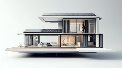Minimalist model a futuristic house with solar panels, emphasizing energy efficiency and modern design against a neutral background