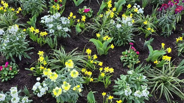 Flower bed with bright spring flowers