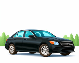 Obraz premium Black sedan car isolated on white background with green trees. Generative AI